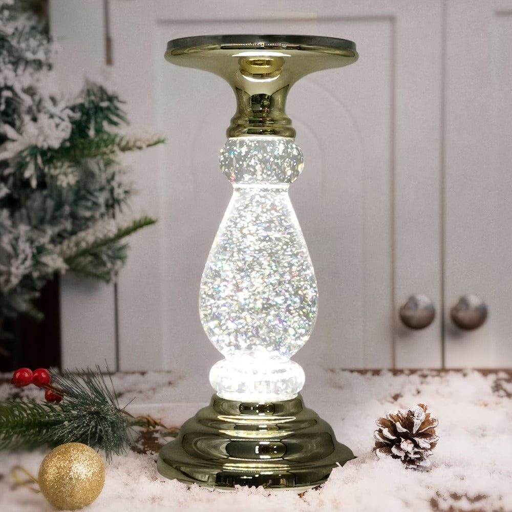 LED Swirling Candle Holder with On/Off Switch – Polished Acrylic Pedestal Base Fits 3-Wick Candles Up to 4 Inch Silver Gold Centerpiece