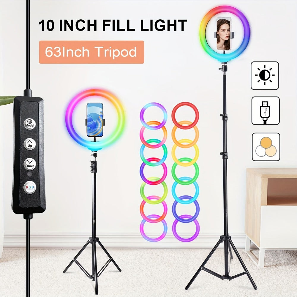 10-Inch Standard or RGB LED Ring Light with 43- or 63-Inch Tripod and Phone Holder Options