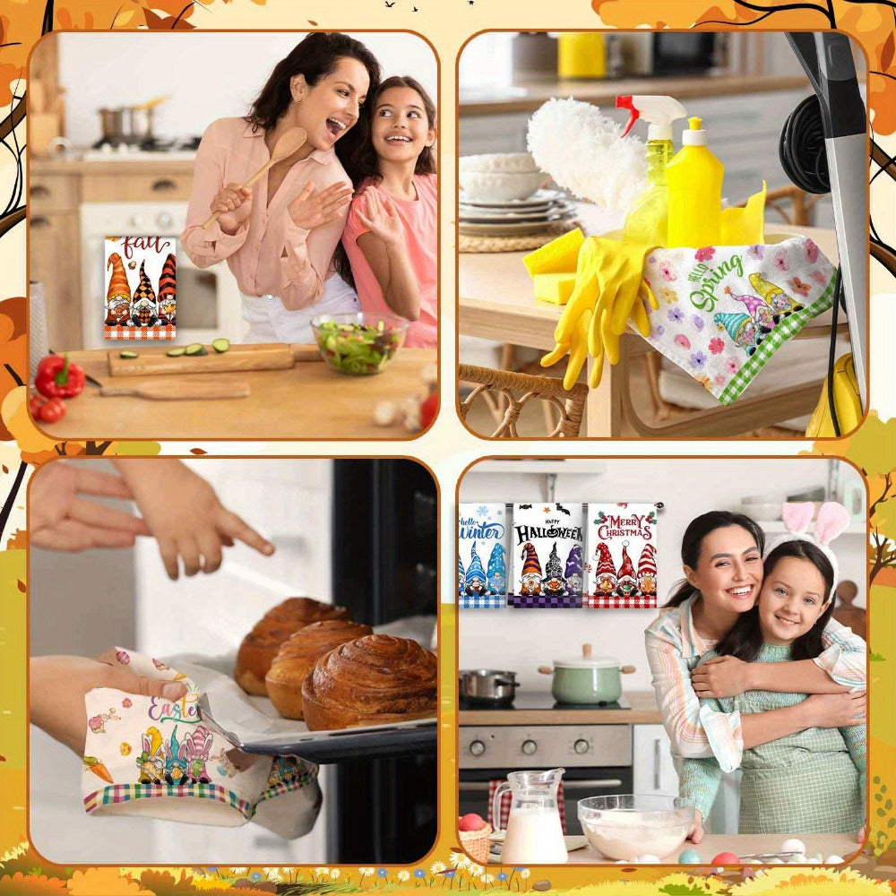 Twelve-Piece Seasonal Gnome Kitchen Towel Set, 14 x 21 Inches Each with Spring-to-Winter Prints