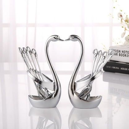 Swan Cutlery Rack Set 7pcs Stainless Steel Decorative Silverware Holder with 3 Forks for Entryways, Bedrooms and Living Spaces