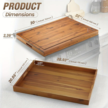 Acacia Wood Stove Top Cover Board 30x22 Inch, Gas Stove Cover with Handle Groove & Ventilation Holes