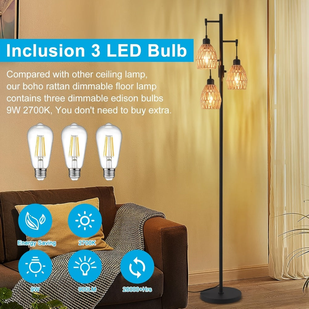 Boho Rattan Floor Lamp Dimmable, 3-Light Stepless Dimming Standing Lamp with Natural Rattan Shade & Metal Base for Living Room