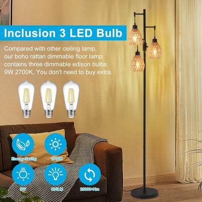 Boho Rattan Floor Lamp Dimmable, 3-Light Stepless Dimming Standing Lamp with Natural Rattan Shade & Metal Base for Living Room