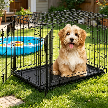 Dog Crate Foldable Metal Wire Dog Cage with Divider Panel & Leak-Proof Tray – Indoor Outdoor Dog Kennel for Small Medium Dogs