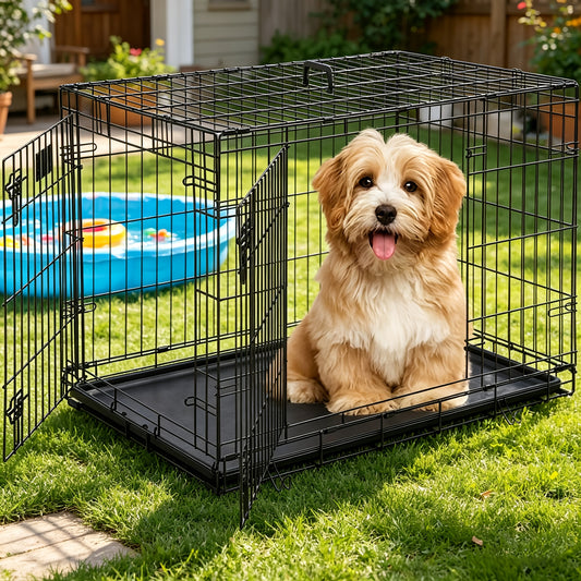 Dog Crate Foldable Metal Wire Dog Cage with Divider Panel & Leak-Proof Tray – Indoor Outdoor Dog Kennel for Small Medium Dogs