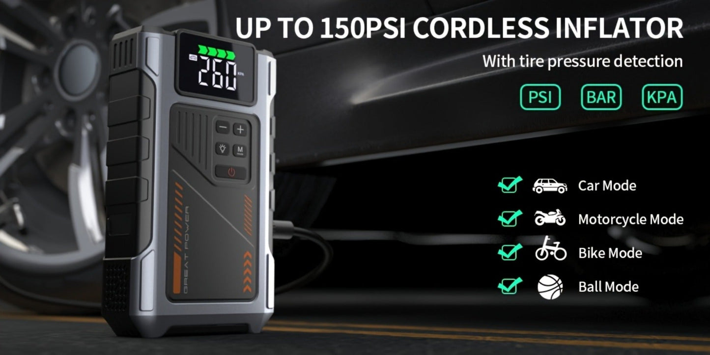 8000A Jump Starter with Air Compressor – 12V Portable Jump Box for Gas & Diesel Cars, USB Ports & LED Flashlight | Up to 8.0L Gas & 6.5L