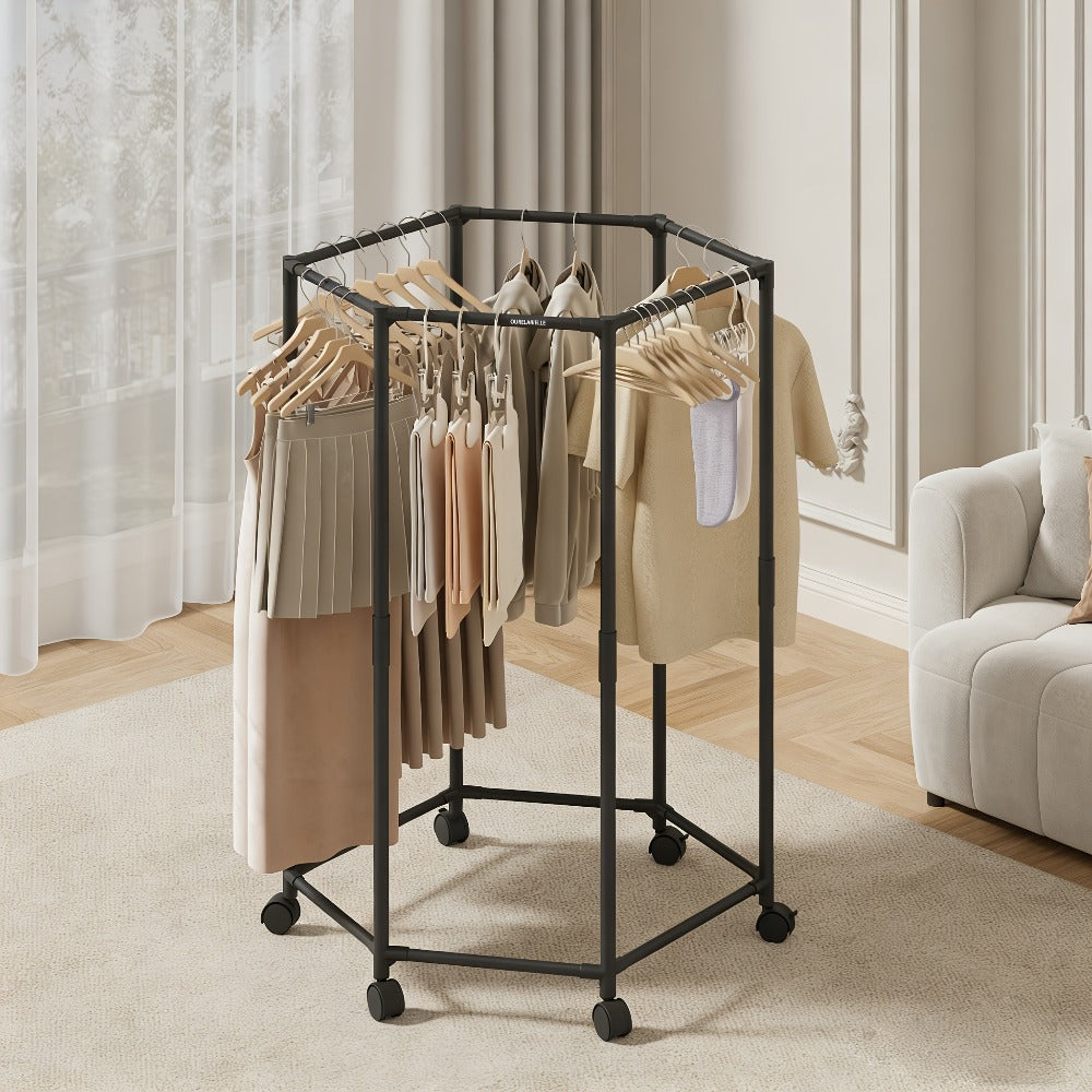 White Four-Sided Rolling Clothing Rack with Multiple Hanging Rails and 120 x 35 x 35 cm Frame