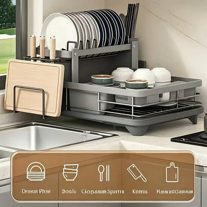 Two-Tier Dish Drying Rack Set with Metal Frame, Drainboard, Mat and Utensil and Cup Holders