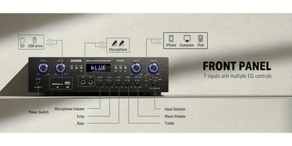 Donner 4-Channel Home Stereo Receiver Amplifier with USB SD FM Radio, Dual Mic Input Echo, RCA