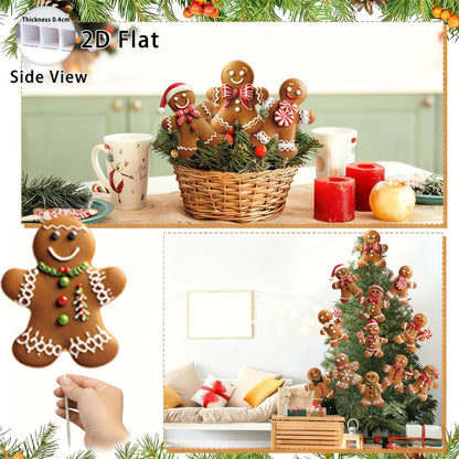 Christmas Tree Ornaments 12pcs Gingerbread Man Decorations 2D Flat Funny Xmas Tree Hanging Decor with Loops