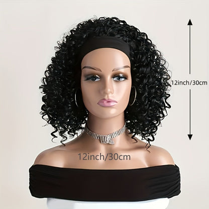 Headband Wig Curly Wavy for Women Black Synthetic Glueless No Lace – Elastic Cap Heat Resistant Beginner Friendly for Daily Wear Party