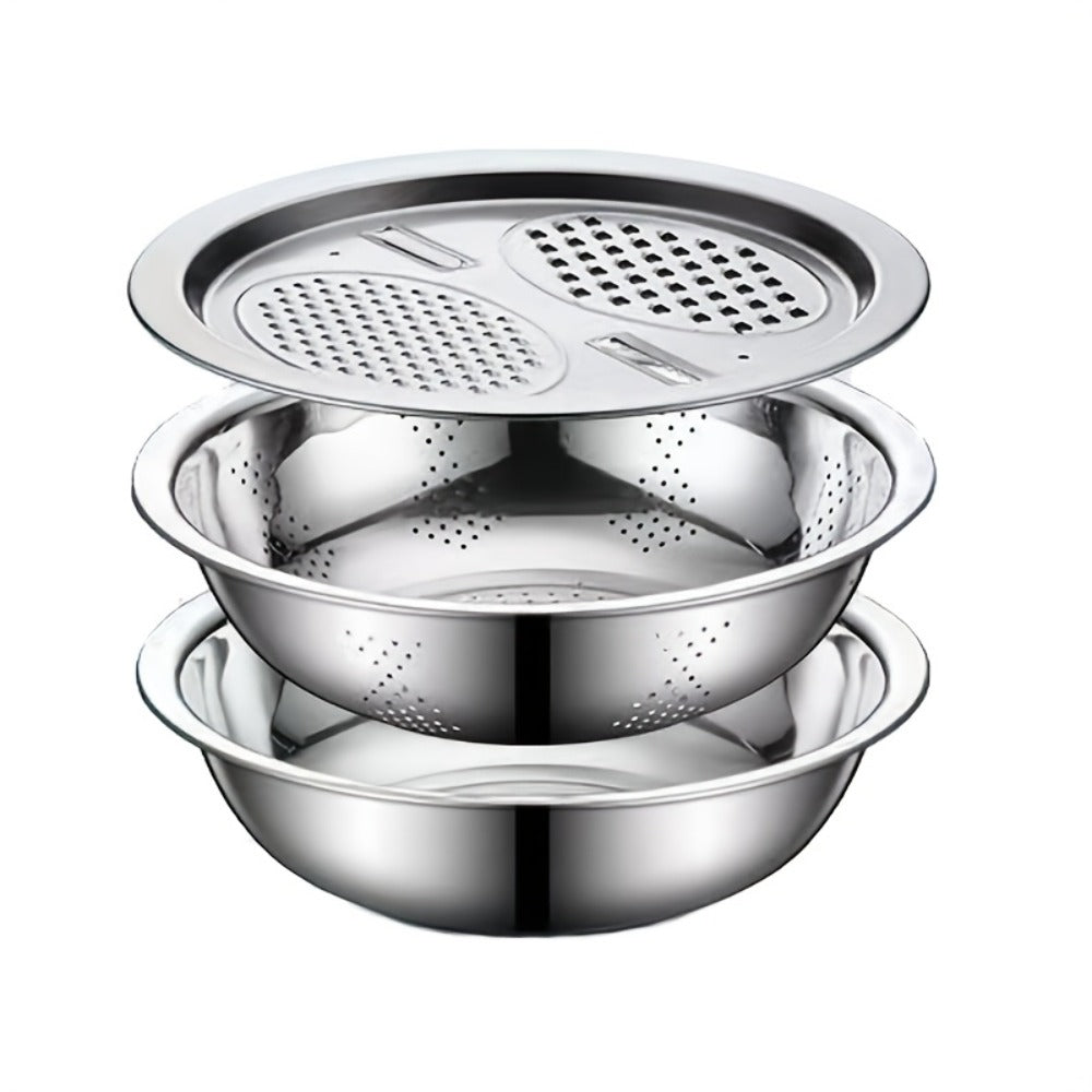 Stainless Steel Kitchen Tool Set 3pcs, Built-In Grinder, Colander Filter & Mixing Bowl for Washing