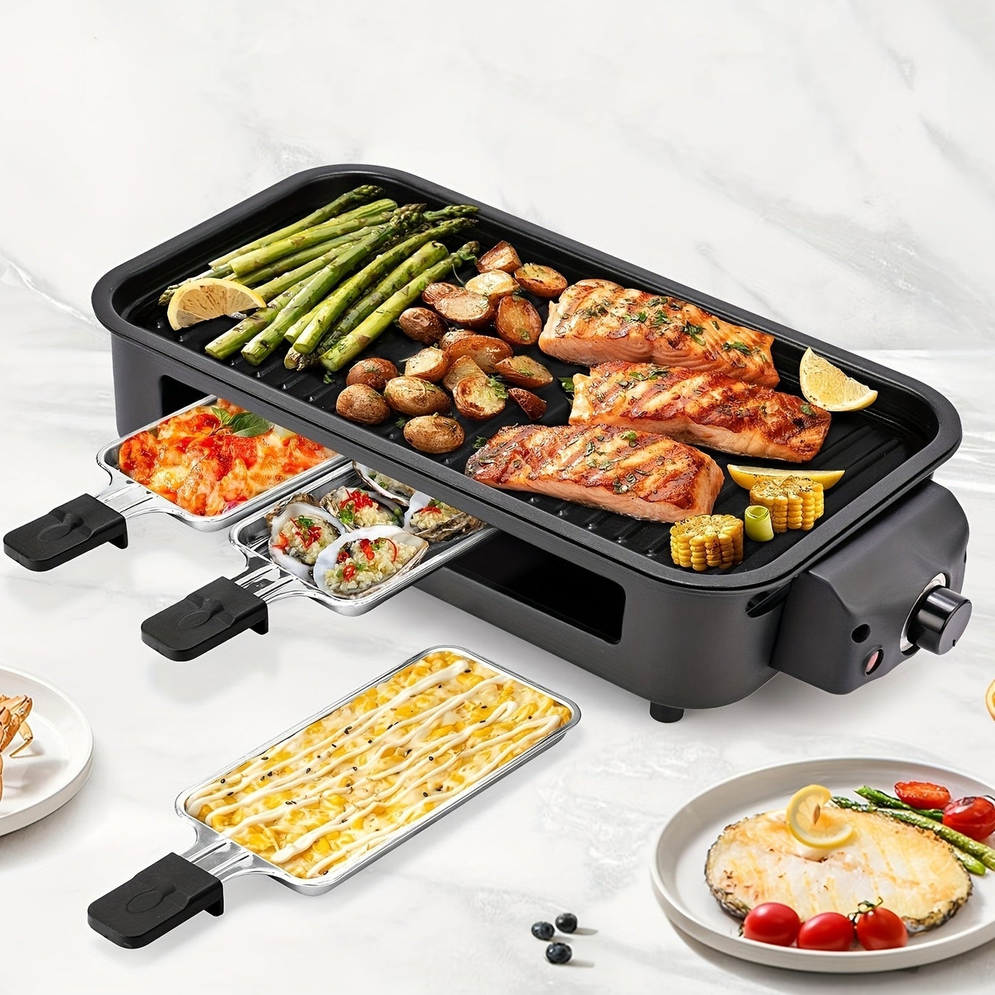 Indoor Electric Smokeless Grill 1700W with Raclette Pans, Non-Stick Plate, Portable Tabletop BBQ Griddle for Couples