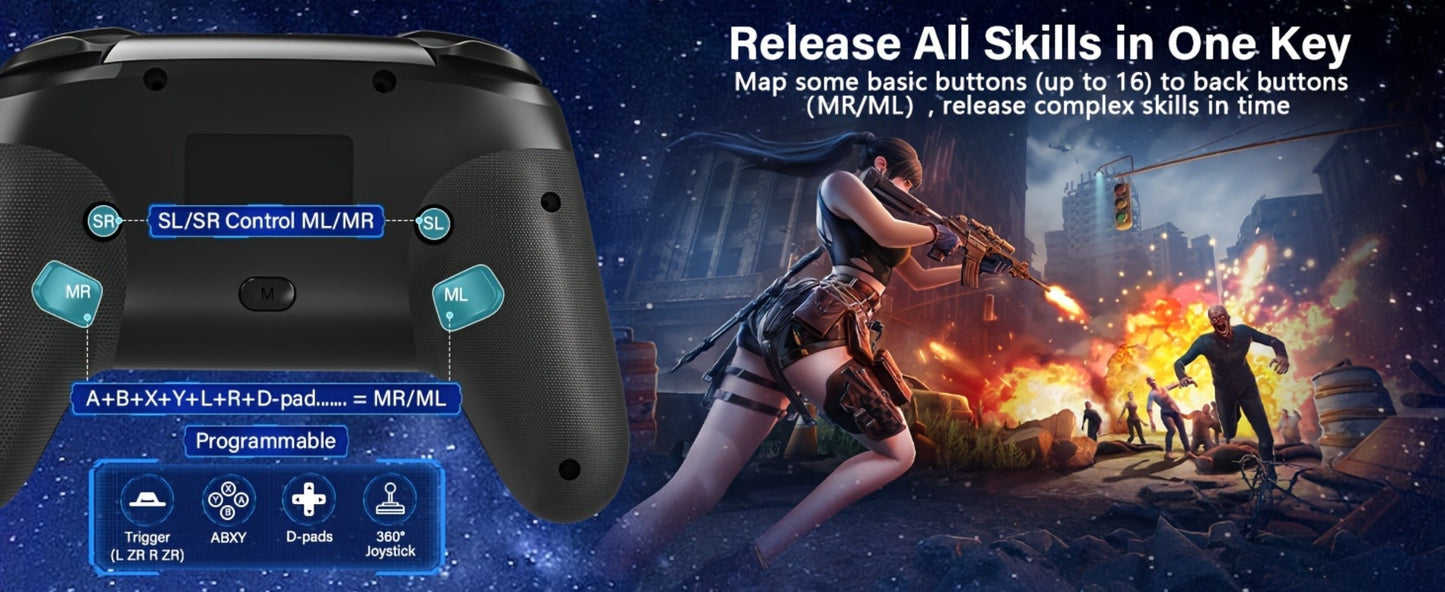 RGB Wireless Gaming Controller in Black with Spiderweb Shell, Back Buttons and USB-C Charging for Switch Systems