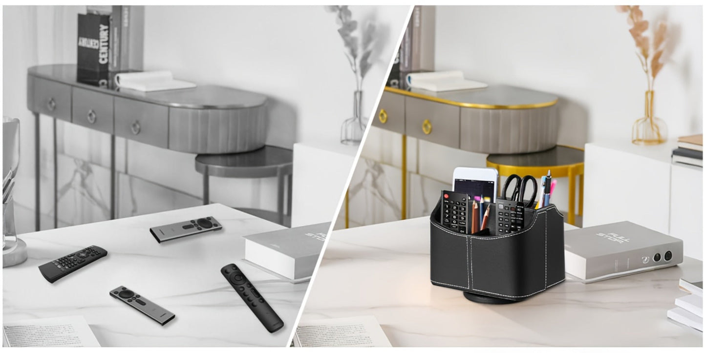 Rotating Faux Leather Remote Control Caddy with Five Compartments, Six Color or Pattern Options and 7.5-Inch Width