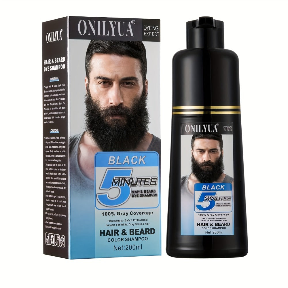 Beard Dye Shampoo for Men 2-in-1 Hair & Beard Grey Coverage Argan Oil No-Mix Formula for Bath Time, Home Spa and Personal Care