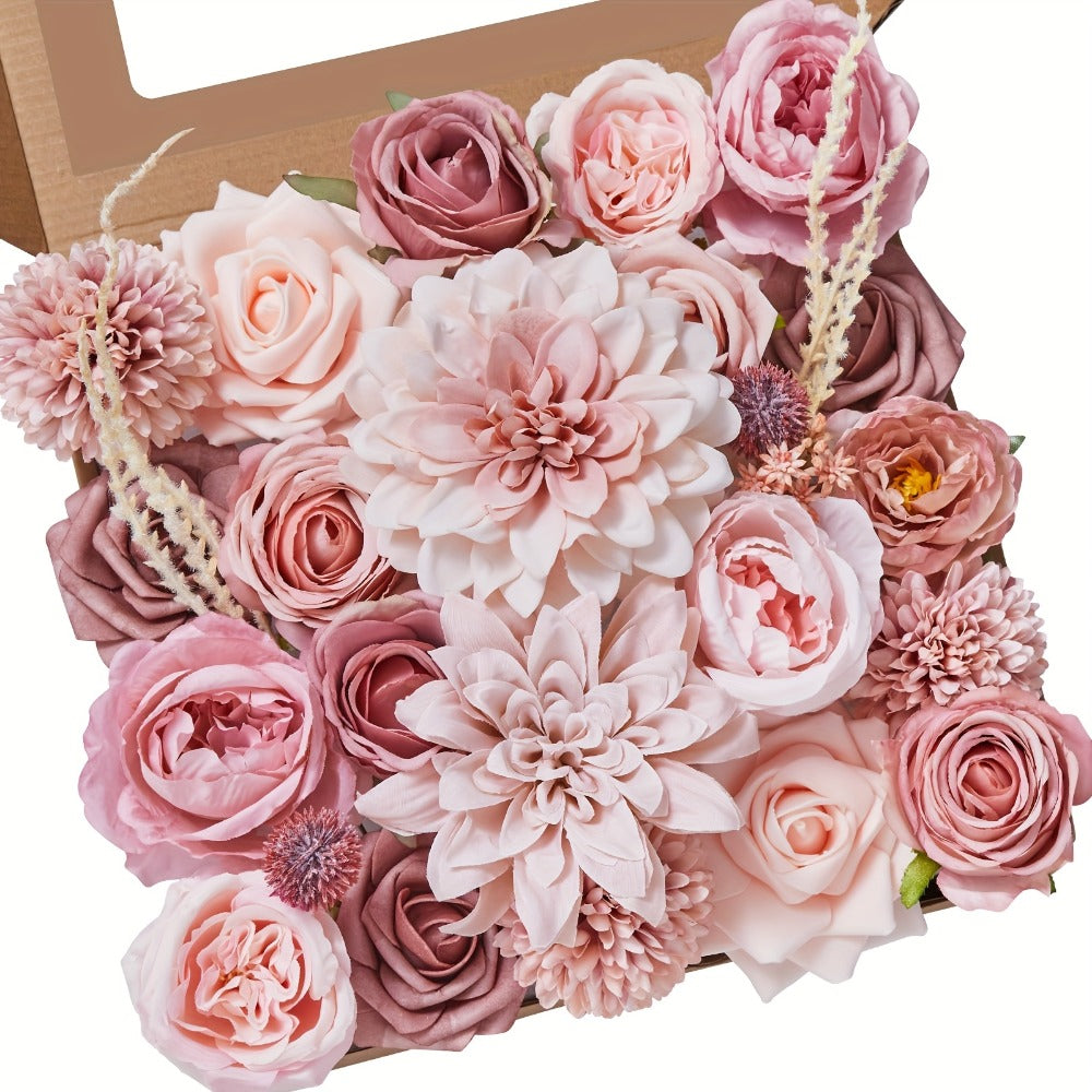 Pink Rose Dahlia Faux Flowers Box - Realistic PE Foam Artificial Flowers with Wire Stems for Entryways, Bedrooms and Living Spaces