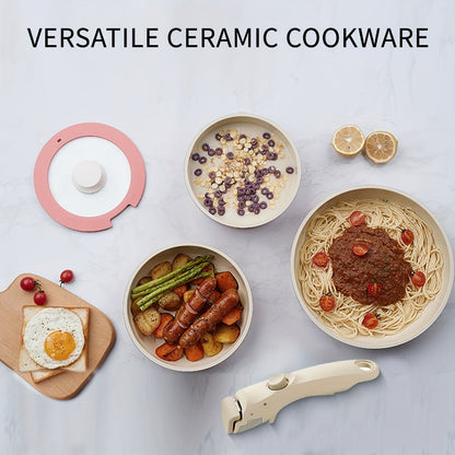 Cookware Set IKTU 5-Piece Detachable-Handle Aluminum Pots and Pans in White, Pink, Beige or Coral Pink