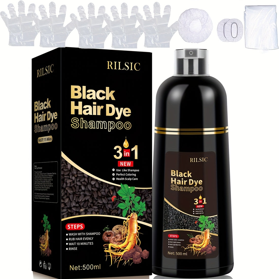 Grey Hair Dye Shampoo 3-in-1 Natural Plant-Based Herbal Formula – Non-Stick Scalp, Covers White Hair in Minutes, 500ml – Black, Dark Brown