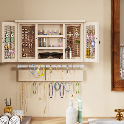 Jewelry Organizer Rustic Wall-Mounted Wood Shelf with Removable Bracelet Rod, Necklace Hooks and Ring Slots