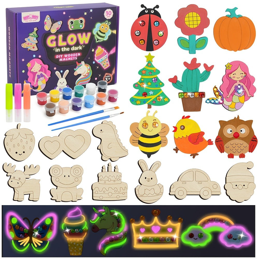 Glow in the Dark Craft Kit for Kids, 30pcs DIY Wooden Fridge Magnets Painting Set with Gem Stickers