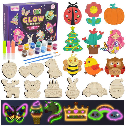 Glow in the Dark Craft Kit for Kids, 30pcs DIY Wooden Fridge Magnets Painting Set with Gem Stickers