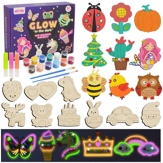 Glow in the Dark Craft Kit for Kids, 30pcs DIY Wooden Fridge Magnets Painting Set with Gem Stickers