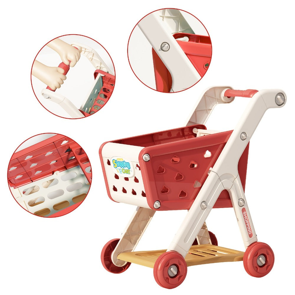 Kids Pretend Play Shopping Cart Toy Set with Realistic Food & Grocery Accessories, Supermarket Role Play for Toddlers Girls Boys Ages 3+
