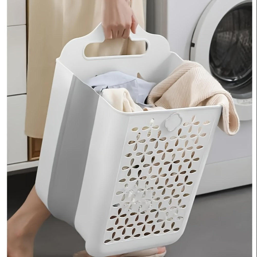 White Wall-Mounted Foldable Laundry Basket with Cutout Panels, Carry Handle and 39 cm Height