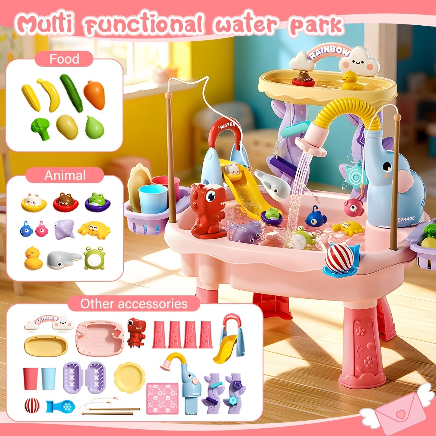 Kids Water Table Toy with Electric Pump & Faucet for Toddlers - Play Sink with Food Accessories & Fishing Toy