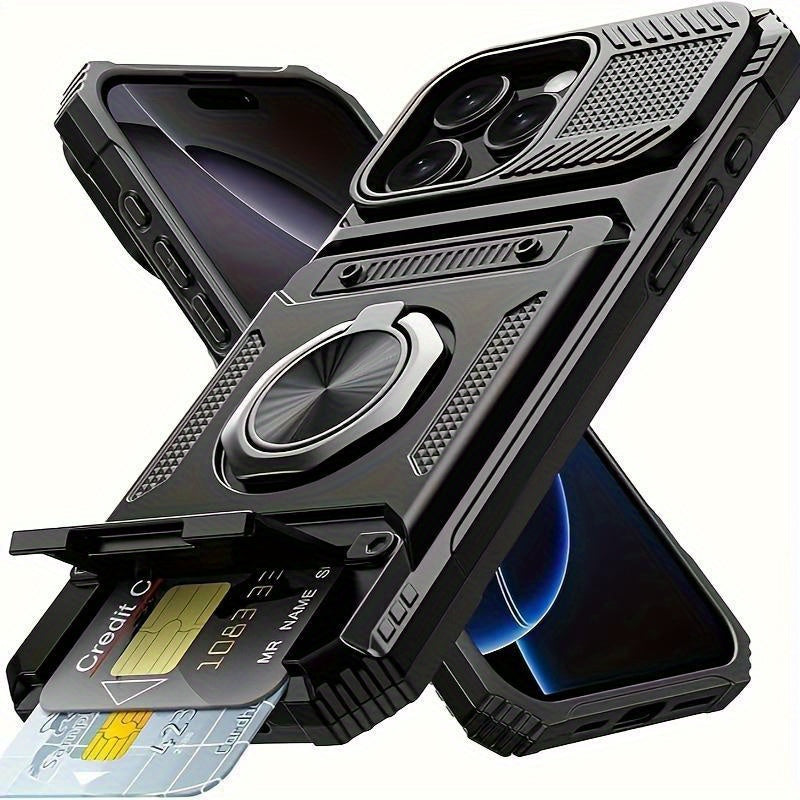 iPhone Card Slot Shockproof Case with Ring Holder & Kickstand – Wallet Phone Cover for iPhone 17 17 Air 17 Pro Max 16 15 14 13 12 11 Pro Max