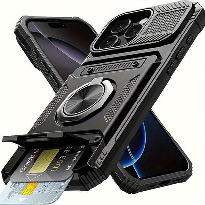 iPhone Card Slot Shockproof Case with Ring Holder & Kickstand – Wallet Phone Cover for iPhone 17 17 Air 17 Pro Max 16 15 14 13 12 11 Pro Max