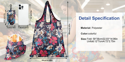 Reusable Grocery Bags Foldable Nylon Tote Bags Waterproof Washable Eco-Friendly Shopping Bag Set with Cute Floral Stripe Polka Dot Leopard