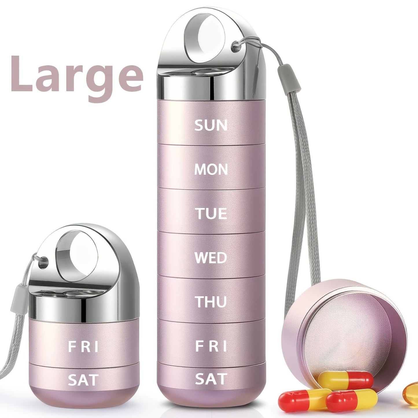 Weekly Pill Organizer, Large Aluminum Alloy 7-Day Pill Box for Medications Vitamins Supplements, Portable Travel Pill Case