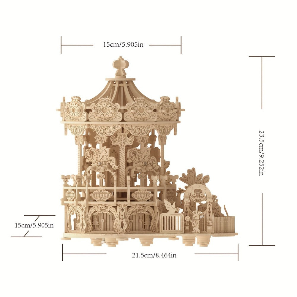 Rotating Merry-Go-Round Wooden Puzzle Kit, Mechanical Carousel 3D Model for Adults & Teens, DIY Kinetic Display Piece