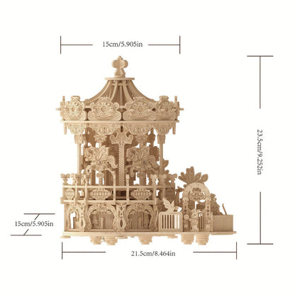 Rotating Merry-Go-Round Wooden Puzzle Kit, Mechanical Carousel 3D Model for Adults & Teens, DIY Kinetic Display Piece