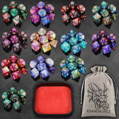 DnD Polyhedral Dice Set 84pcs – Starry Night Glitter Dice with Pouch & Tray for D&D RPG MTG Tabletop Games, Complete 12-Color Collection