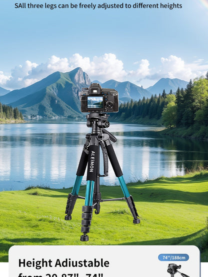 Camera Tripod 74 Inch Aluminum Alloy with Dual Quick Release Plate, Phone Clip & Carrying Bag, Professional Stand for DSLR