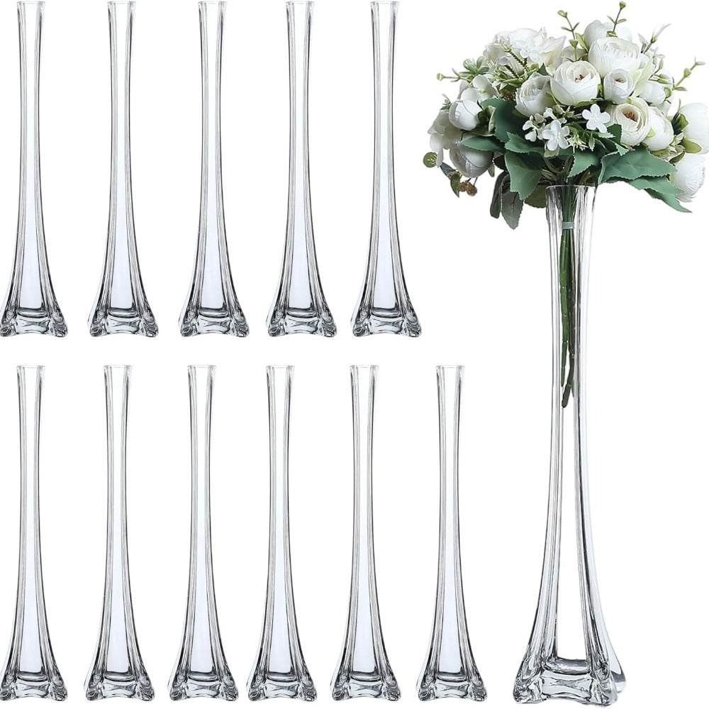 Eiffel Tower Vase Pack of 12 – Tall Glass Flower Vases for Wedding Centerpiece, Event Table Decor, Floral Arrangements & Party Decoration