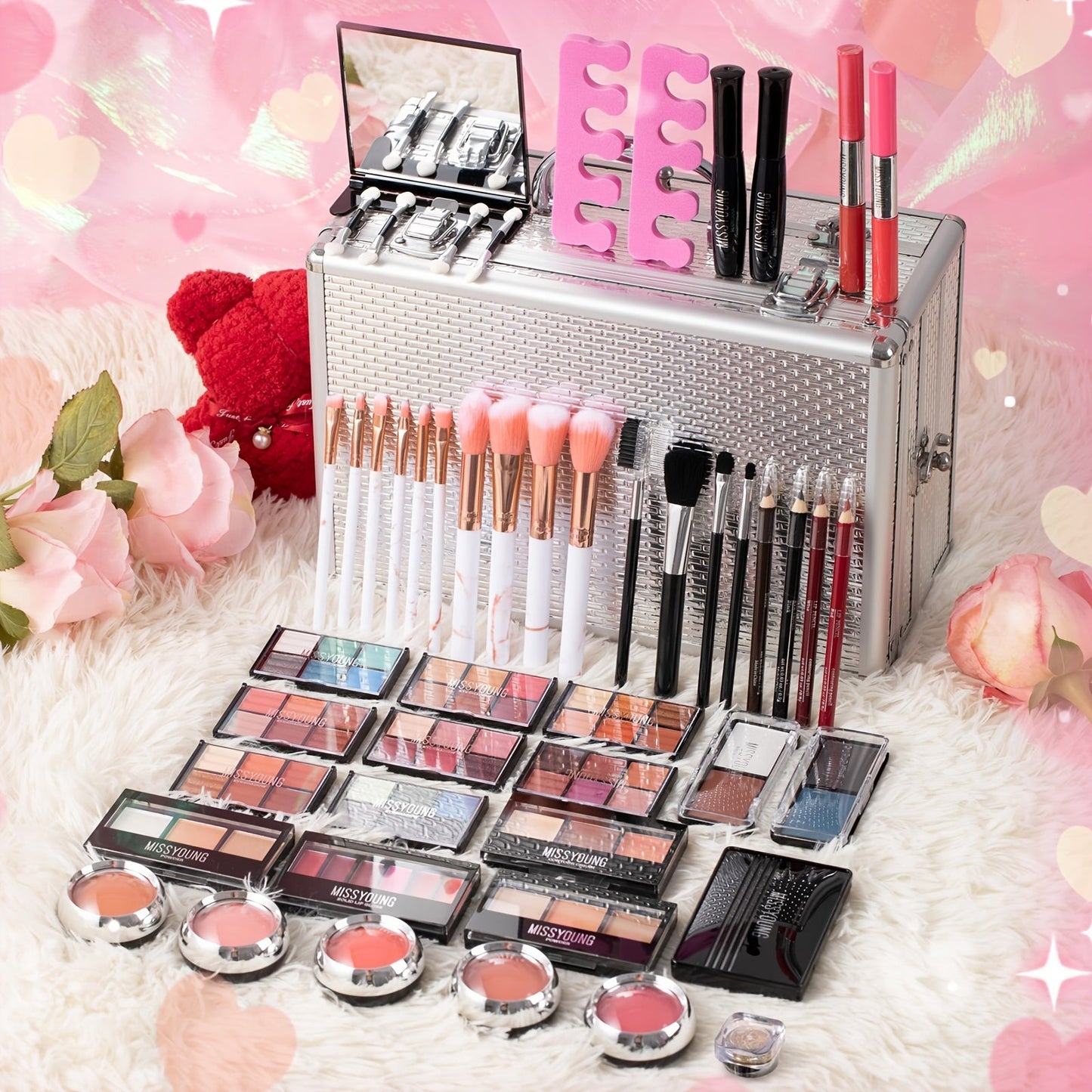 Makeup Kit in Handled Aluminum-Style Travel Case with Mirror, Tiered Trays and Silvery or Red Finish