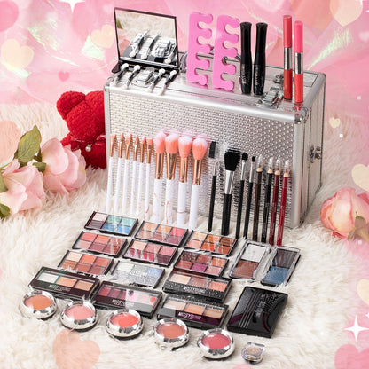 Makeup Kit in Handled Aluminum-Style Travel Case with Mirror, Tiered Trays and Silvery or Red Finish