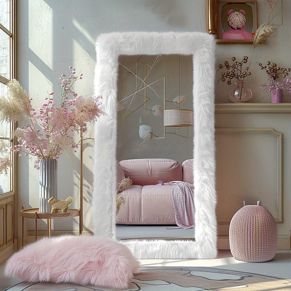 Full Length Mirror with Faux Fur Frame 24x63 Inch Leaning Floor Mirror for Bedroom Living for Entryways, Bedrooms and Living Spaces