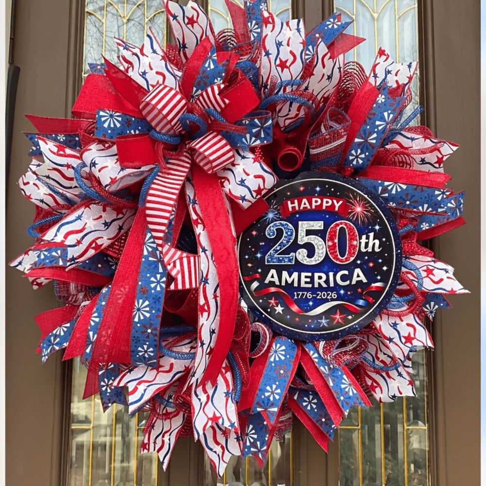 Patriotic Wooden Door Sign 250th Anniversary 1776-2026 Retro Round Wreath 4th of July Independence Day Hanging Decoration Home Porch Outdoor
