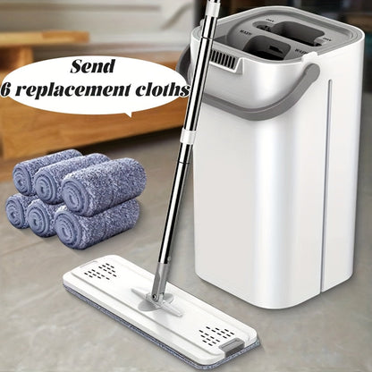 Flat Mop with Bucket Set, Hands-Free Wringing Floor Mop, 6 Replacement Microfiber Cloths, Wet & Dry Dual-Use, Durable Plastic Frame