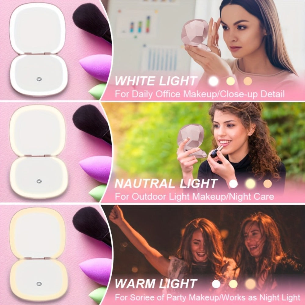 LED Makeup Mirror with 5X Magnification & 3 Color Lights – Dual Sided 1X 5X Lighted Vanity Mirror, Portable Compact Travel Mirror for Women