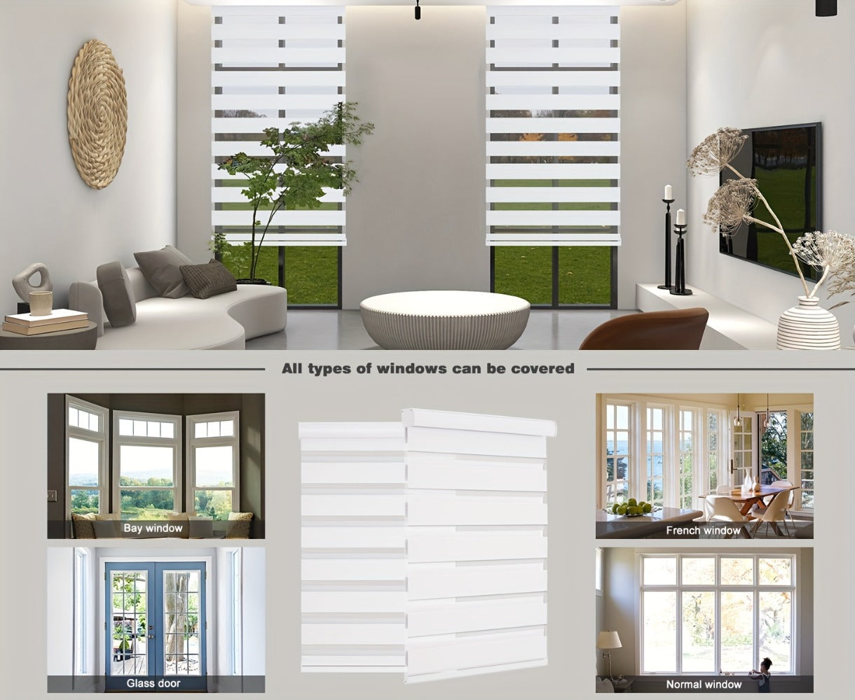 Cordless Zebra Roller Shade with Valance, Day Night Window Blind, Dual Layer Window Treatment Mesh Opaque Fabric