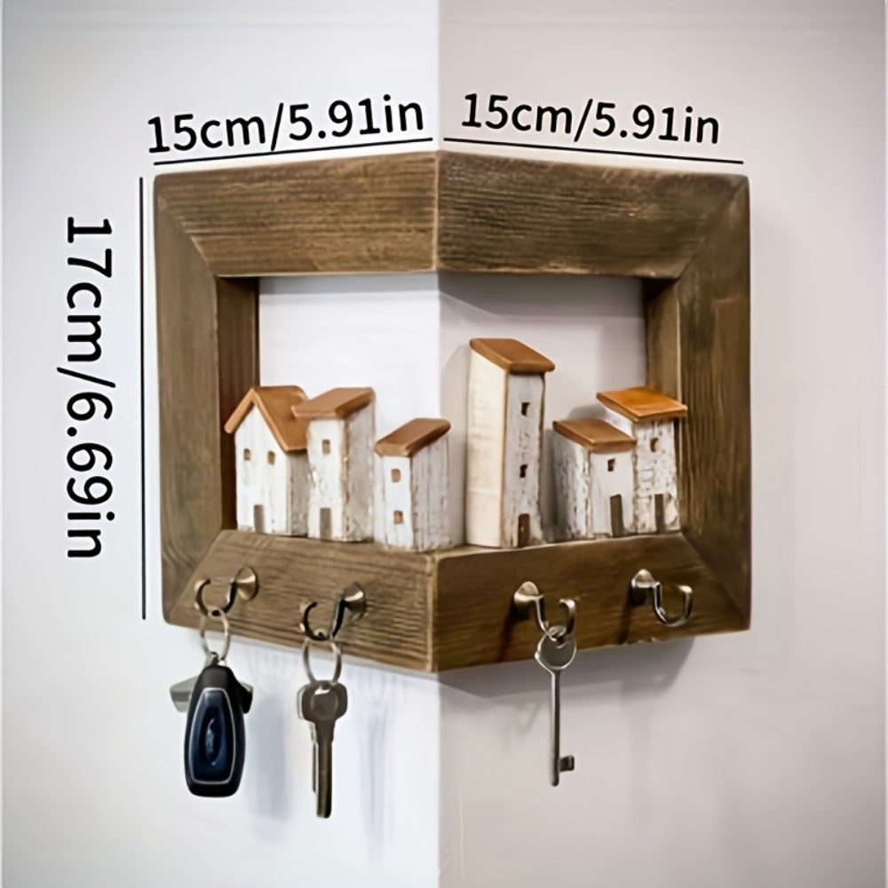 Wall Mounted Key Rack with Hooks – Rustic Wooden Key Holder with 6 House Hooks, Entryway Storage Organizer for Home Bedroom Wall Decor