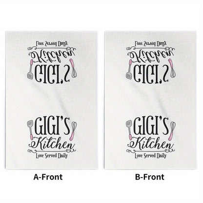 Two-Pack Gigi's Kitchen Towels, 23.6 x 15.7 Inches Each with White Utensil Print and 370GSM Label
