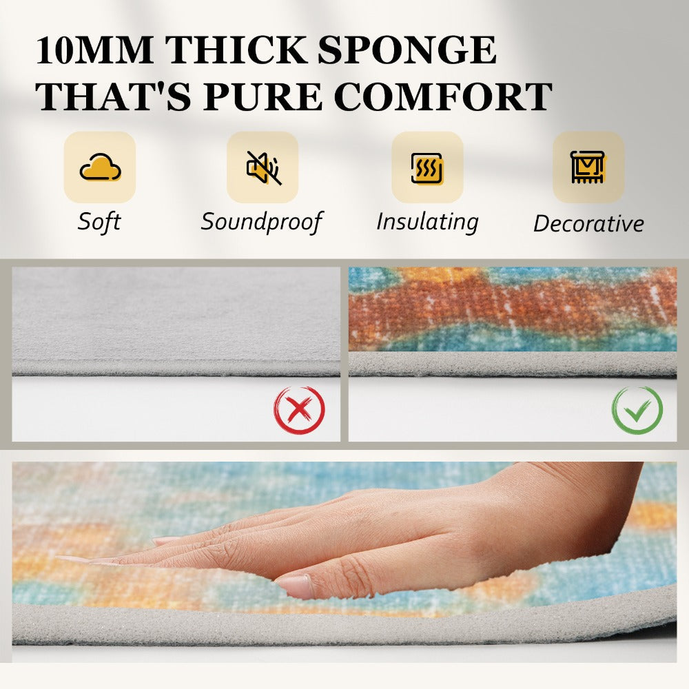 Area Rug Retro Tie-Dye Print in Orange, Grey or Light Green with Three Machine-Washable Sizes