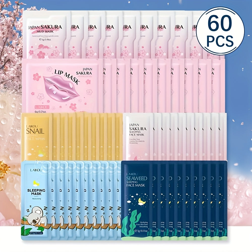 Sheet Mask Set 60 Pieces, Cherry Blossom Lip Masks, Snail Essence, Seaweed & Sleeping Masks with Glycerin